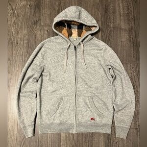 Vintage Burberry Light Gray Zip-Up Hoodie with Check-Lined Hood